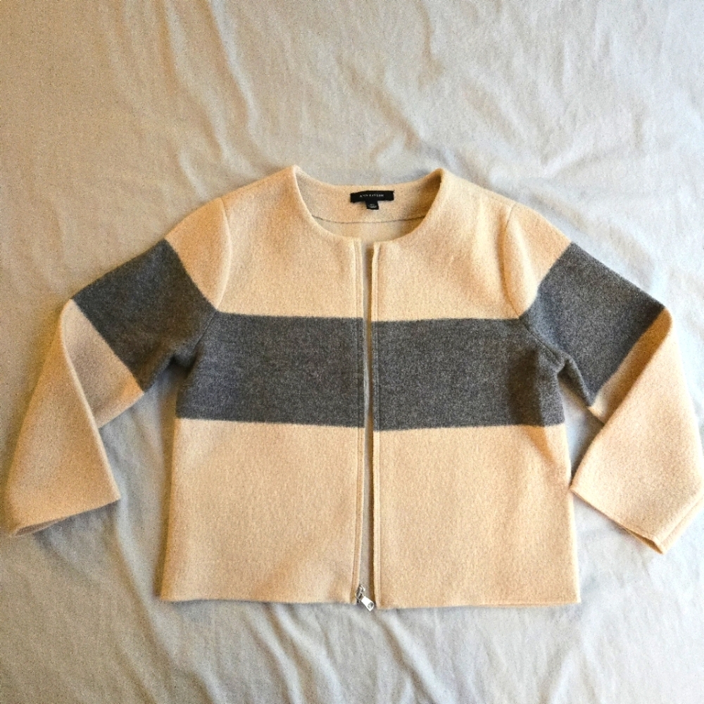 Ann Taylor Cream & Grey Stripe Colorblock  Boxy Fit Wool Jacket NWOT